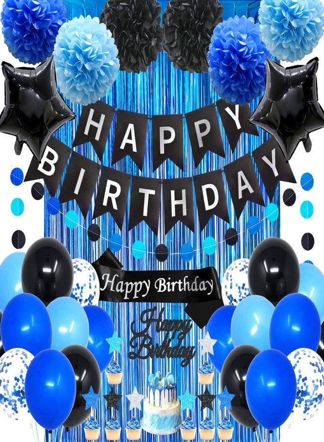 FINDRICH Blue Birthday Decorations for Men, 50PCS Happy Birthday Decorations with Banner Balloons Sash Foil Fringe Curtain Paper Pompoms, Blue and Black Party Decorations Party Supplies for Boys Kids - Image 1
